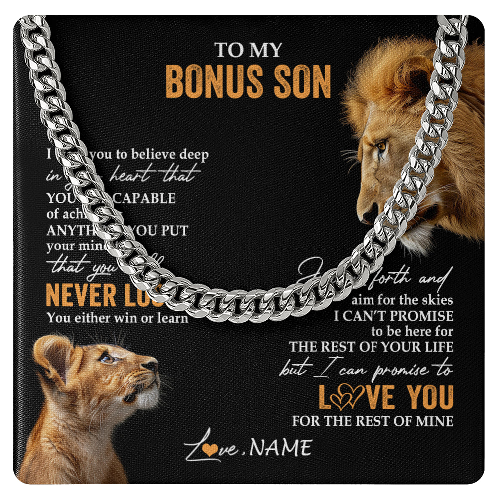 Cuban Link Chain Necklace Stainless Steel | 1 | Personalized To My Bonus Son Necklace From Bonus Dad Stepfather You Will Never Lose Lion Stepson Birthday Gifts Graduation Christmas Gift Box Message Card | teecentury