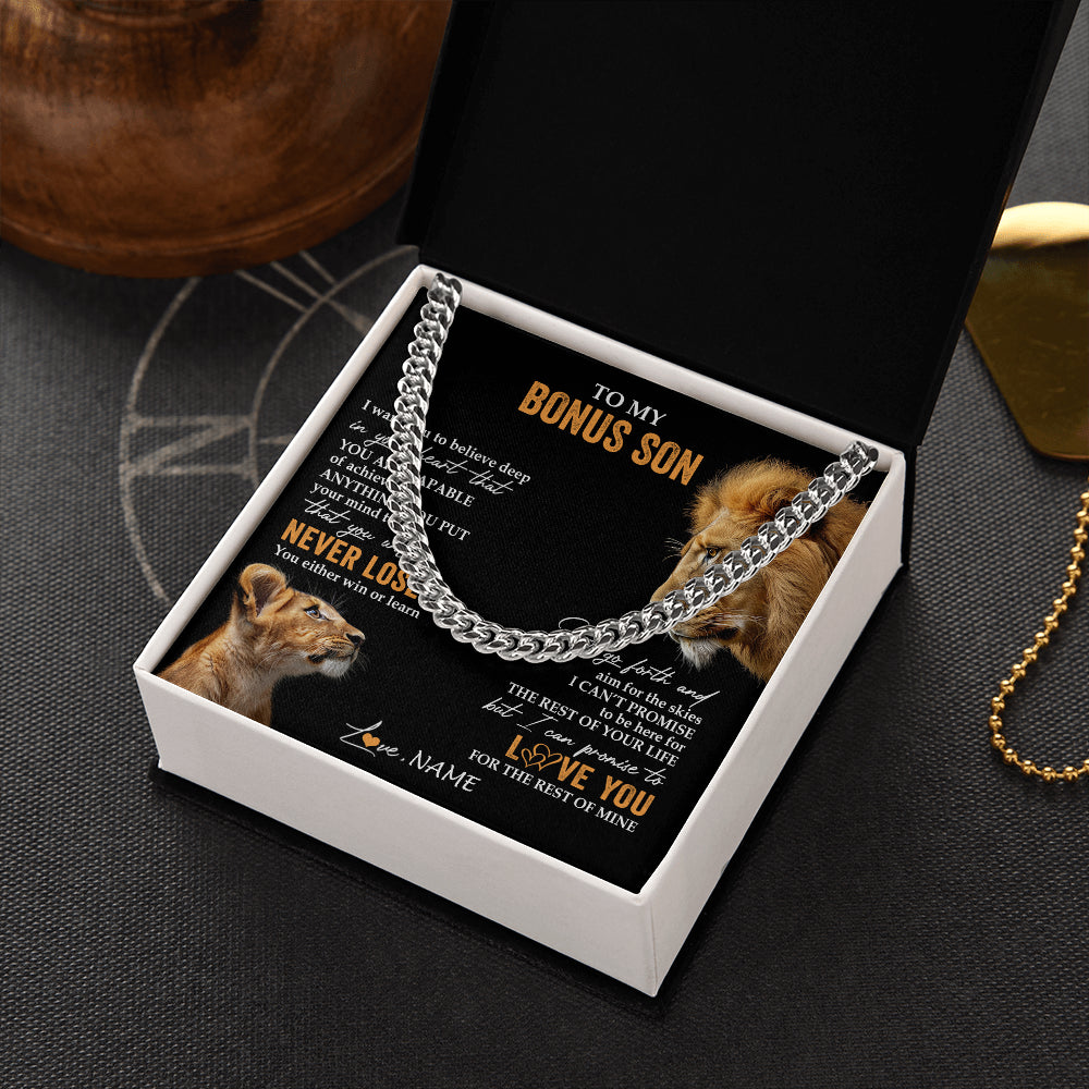 Cuban Link Chain Necklace Stainless Steel | 2 | Personalized To My Bonus Son Necklace From Bonus Dad Stepfather You Will Never Lose Lion Stepson Birthday Gifts Graduation Christmas Gift Box Message Card | teecentury