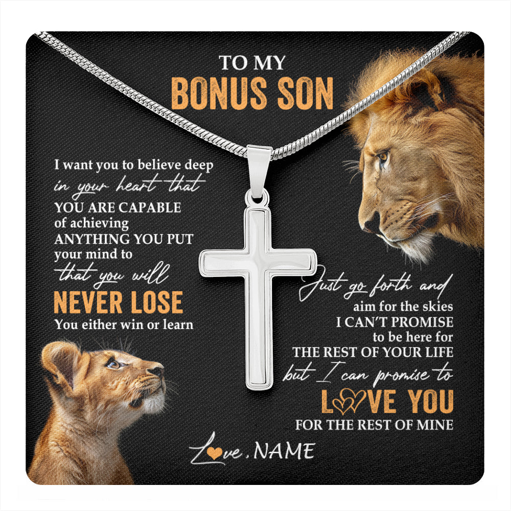 Stainless Cross Necklace Stainless Steel | 1 | Personalized To My Bonus Son Necklace From Bonus Dad Stepfather You Will Never Lose Lion Stepson Birthday Gifts Graduation Christmas Gift Box Message Card | teecentury