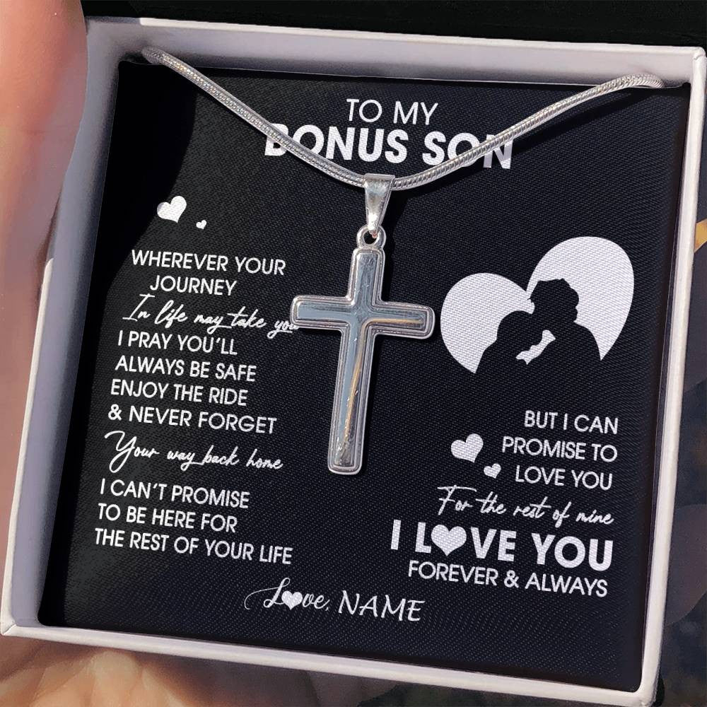 Stainless Cross Necklace Stainless Steel | 2 | Personalized To My Bonus Son Necklace From Step Dad Father Wherever Your Journey Stepson Birthday Gifts Graduation Christmas Customized Gift Box Message Card | teecentury