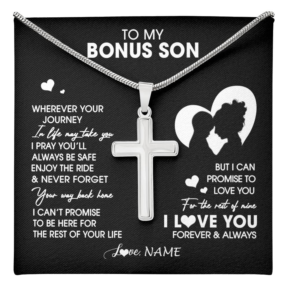 Stainless Cross Necklace Stainless Steel | 1 | Personalized To My Bonus Son Necklace From Step Mom Mother Wherever Your Journey Stepson Birthday Gifts Graduation Christmas Customized Gift Box Message Card | teecentury