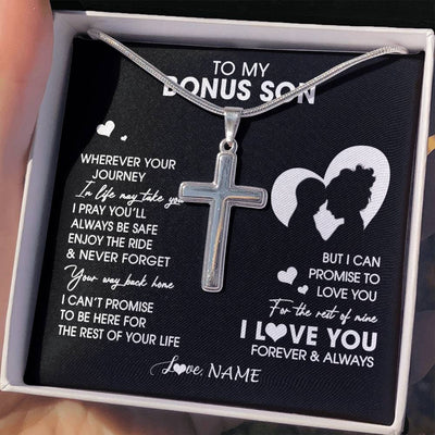 Stainless Cross Necklace Stainless Steel | 2 | Personalized To My Bonus Son Necklace From Step Mom Mother Wherever Your Journey Stepson Birthday Gifts Graduation Christmas Customized Gift Box Message Card | teecentury