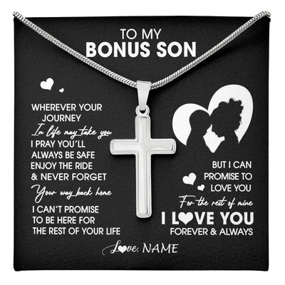 Stainless Cross Necklace Stainless Steel | 1 | Personalized To My Bonus Son Necklace From Step Mom Mother Wherever Your Journey Stepson Birthday Gifts Graduation Christmas Customized Gift Box Message Card | teecentury