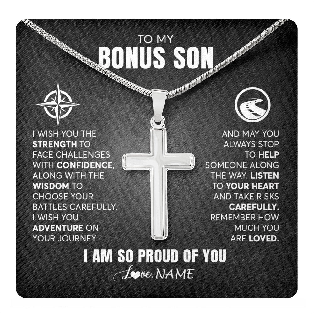 Stainless Cross Necklace Stainless Steel | 1 | Personalized To My Bonus Son Necklace From Step Mom Stepdad I Wish You The Strength Step Son Birthday Graduation Inspirational Customized Gift Box Message Card | teecentury.myshopify