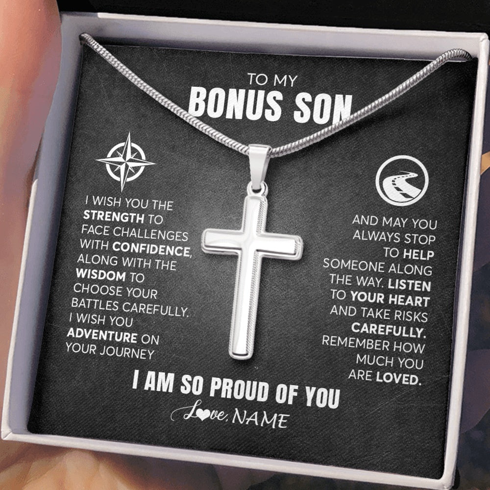 Stainless Cross Necklace Stainless Steel | 2 | Personalized To My Bonus Son Necklace From Step Mom Stepdad I Wish You The Strength Step Son Birthday Graduation Inspirational Customized Gift Box Message Card | teecentury.myshopify