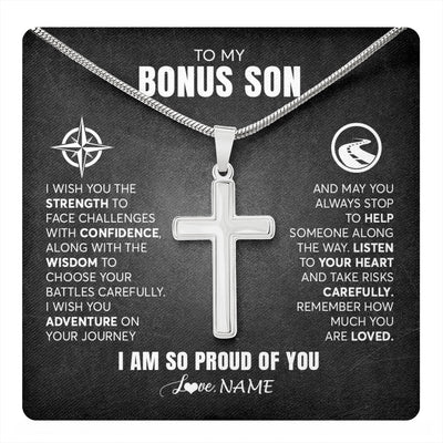 Stainless Cross Necklace Stainless Steel | 1 | Personalized To My Bonus Son Necklace From Step Mom Stepdad I Wish You The Strength Step Son Birthday Graduation Inspirational Customized Gift Box Message Card | teecentury.myshopify