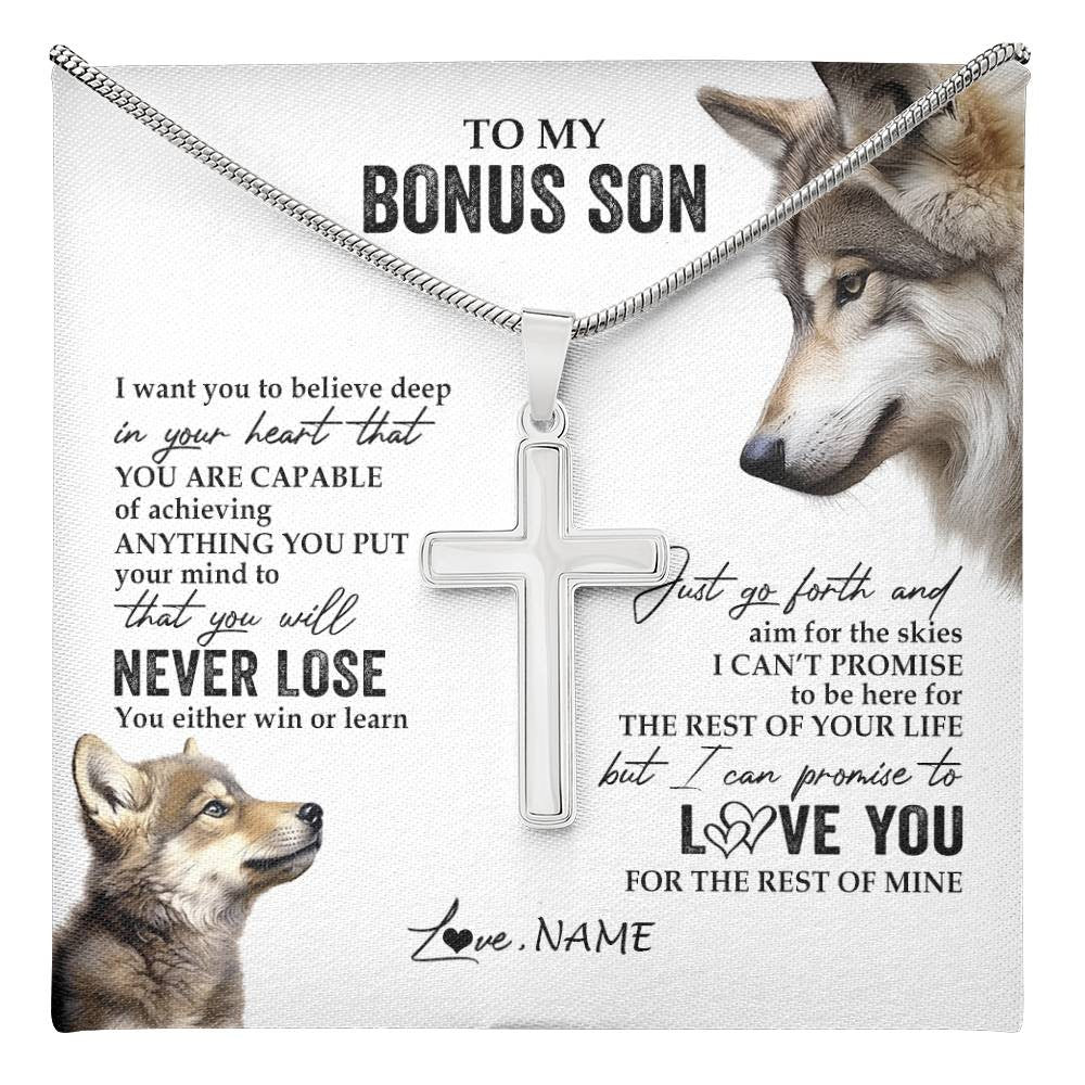 Stainless Cross Necklace Stainless Steel | 1 | Personalized To My Bonus Son Necklace From Step Mom You Will Never Lose Wolf Step Son Birthday Graduation Christmas Customized Gift Box Message Card | teecentury