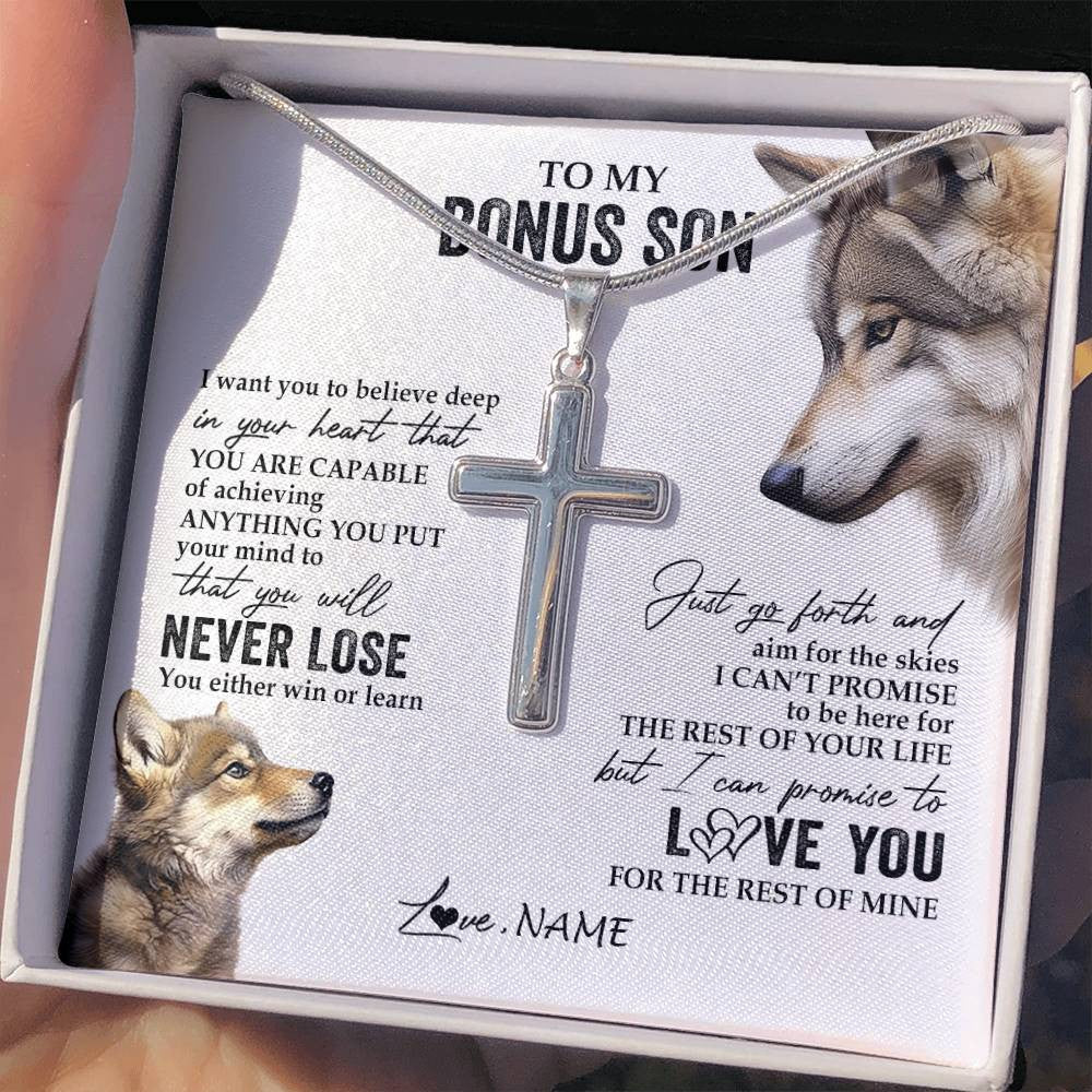 Stainless Cross Necklace Stainless Steel | 2 | Personalized To My Bonus Son Necklace From Step Mom You Will Never Lose Wolf Step Son Birthday Graduation Christmas Customized Gift Box Message Card | teecentury