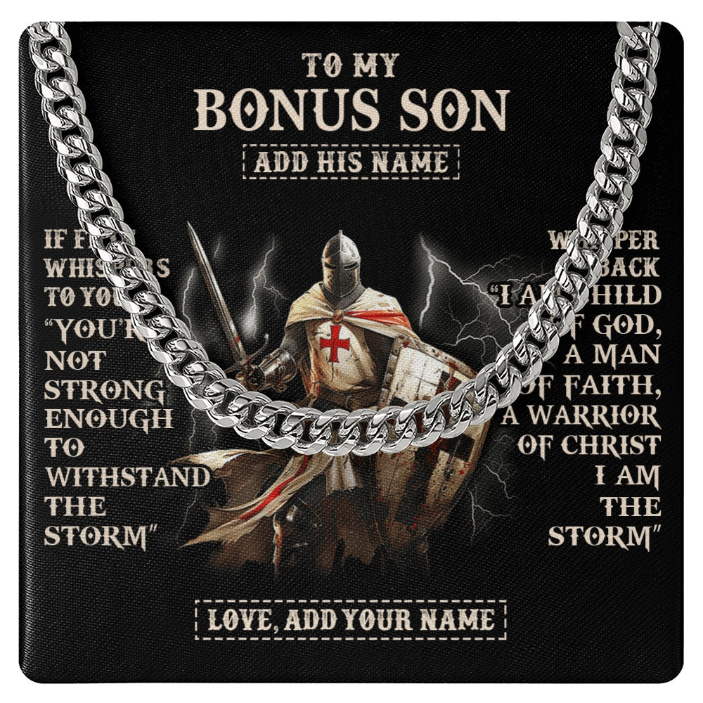 Cuban Link Chain Necklace Stainless Steel | 1 | Personalized To My Bonus Son Necklace From Stepdad For Men Warrior Knight Templar I Am The Storm Birthday Gifts For Stepson Christmas Gift Box Message Card | https://teecentury.