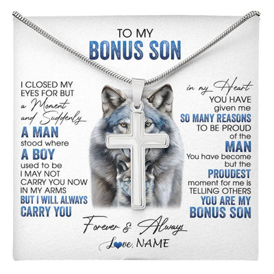 Stainless Cross Necklace Stainless Steel | 1 | Personalized To My Bonus Son Necklace From Stepdad I Close My Eyes For But A Moment Wolf Stepson Birthday Gifts Christmas Customized Gift Box Message Card | teecentury