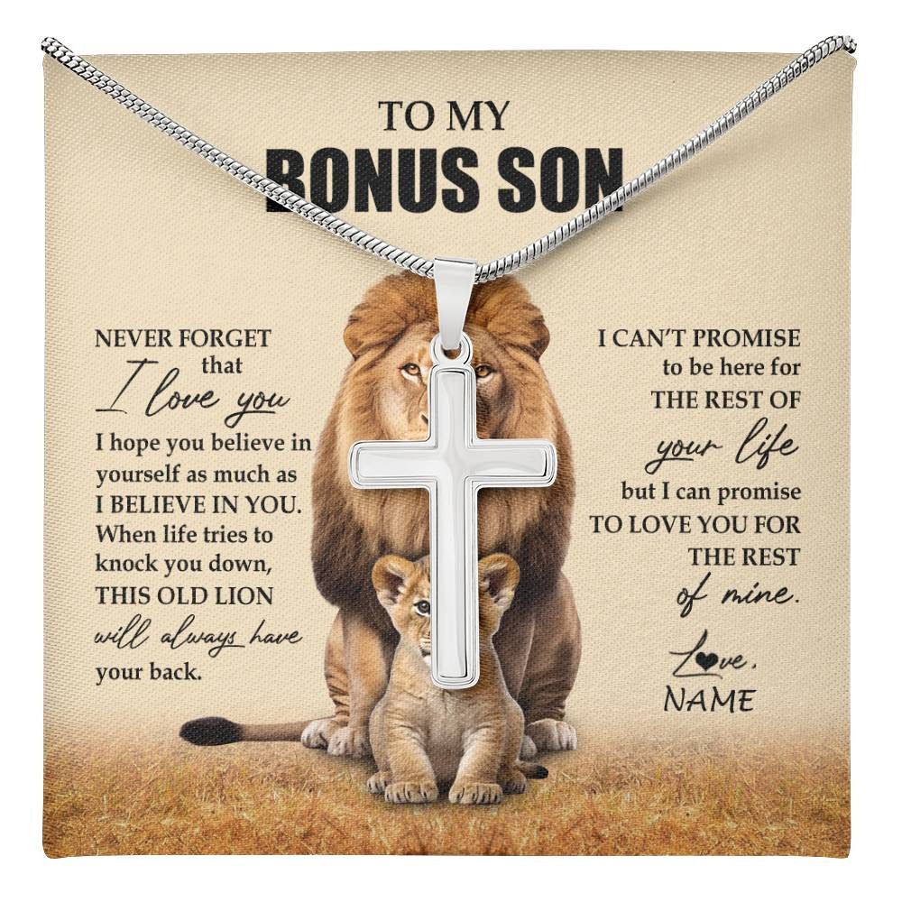 Stainless Cross Necklace Stainless Steel | 1 | Personalized To My Bonus Son Necklace From Stepdad Lion Never Forget That I Love You Stepson Jewelry Birthday Graduation Christmas Customized Message Card | teecentury