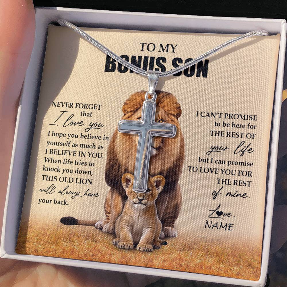 Stainless Cross Necklace Stainless Steel | 2 | Personalized To My Bonus Son Necklace From Stepdad Lion Never Forget That I Love You Stepson Jewelry Birthday Graduation Christmas Customized Message Card | teecentury