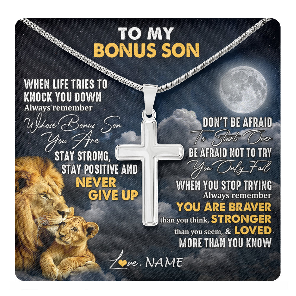 Stainless Cross Necklace Stainless Steel | 1 | Personalized To My Bonus Son Necklace From Stepdad Lion Never Give Up Stepson Birthday Graduation Christmas Jewelry Customized Gift Box Message Card | teecentury