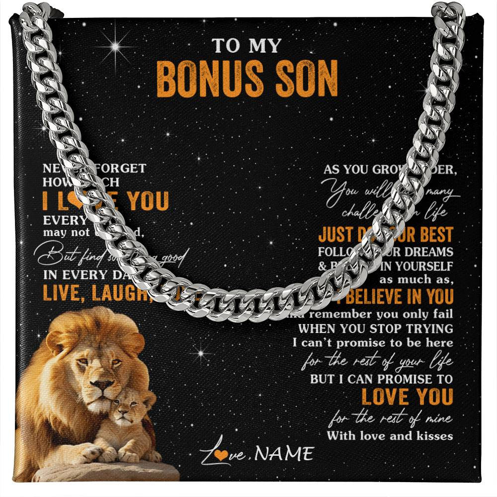 Cuban Link Chain Necklace Stainless Steel | 1 | Personalized To My Bonus Son Necklace From Stepdad Live Laugh Love Lion Stepson Birthday Gifts Positive Graduation Christmas Customized Gift Box Message Card | teecentury