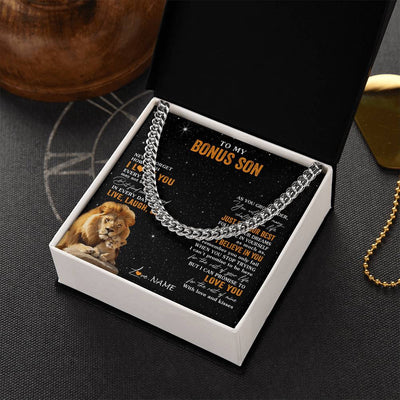 Cuban Link Chain Necklace Stainless Steel | 2 | Personalized To My Bonus Son Necklace From Stepdad Live Laugh Love Lion Stepson Birthday Gifts Positive Graduation Christmas Customized Gift Box Message Card | teecentury