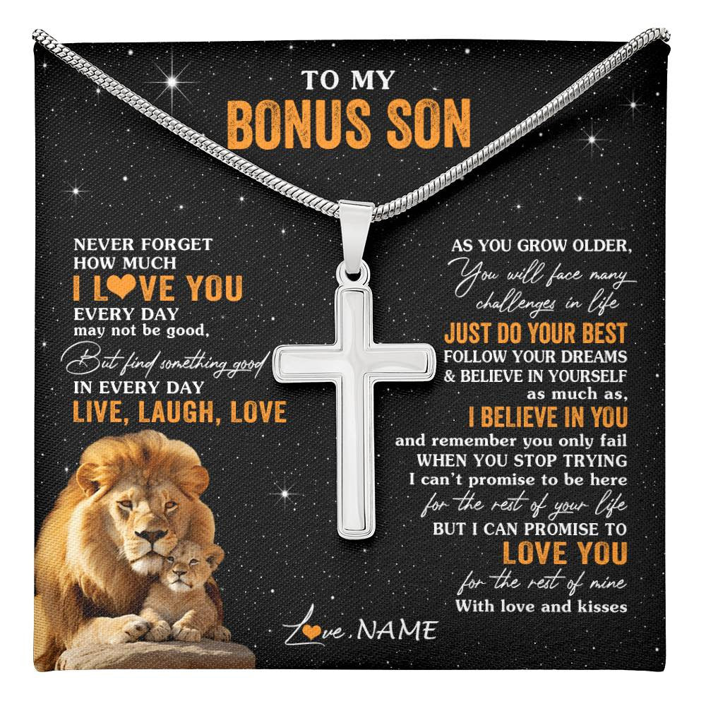 Stainless Cross Necklace Stainless Steel | 1 | Personalized To My Bonus Son Necklace From Stepdad Live Laugh Love Lion Stepson Birthday Gifts Positive Graduation Christmas Customized Gift Box Message Card | teecentury