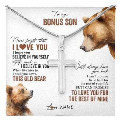 Stainless Cross Necklace Stainless Steel | 1 | Personalized To My Bonus Son Necklace From Stepdad Mom Never Forget That I Love You Bear Stepson Birthday Graduation Christmas Customized Gift Box Message Card | teecentury