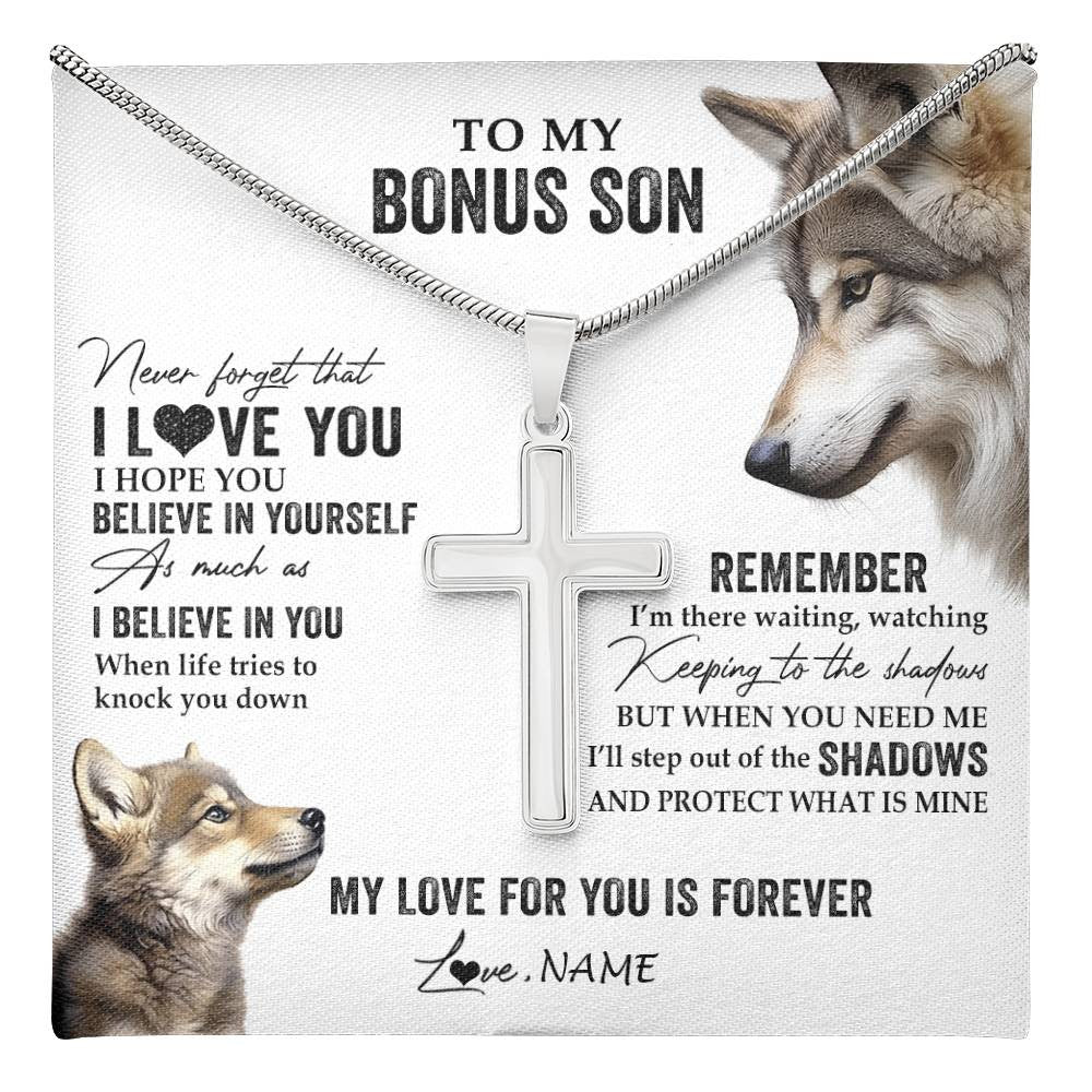 Stainless Cross Necklace Stainless Steel | 1 | Personalized To My Bonus Son Necklace From Stepdad Mom Wolf My Love For You Is Forever Stepson Birthday Graduation Christmas Customized Gift Box Message Card | teecentury