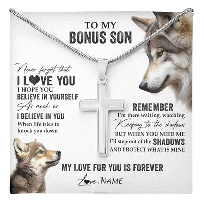 Stainless Cross Necklace Stainless Steel | 1 | Personalized To My Bonus Son Necklace From Stepdad Mom Wolf My Love For You Is Forever Stepson Birthday Graduation Christmas Customized Gift Box Message Card | teecentury