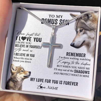 Stainless Cross Necklace Stainless Steel | 2 | Personalized To My Bonus Son Necklace From Stepdad Mom Wolf My Love For You Is Forever Stepson Birthday Graduation Christmas Customized Gift Box Message Card | teecentury