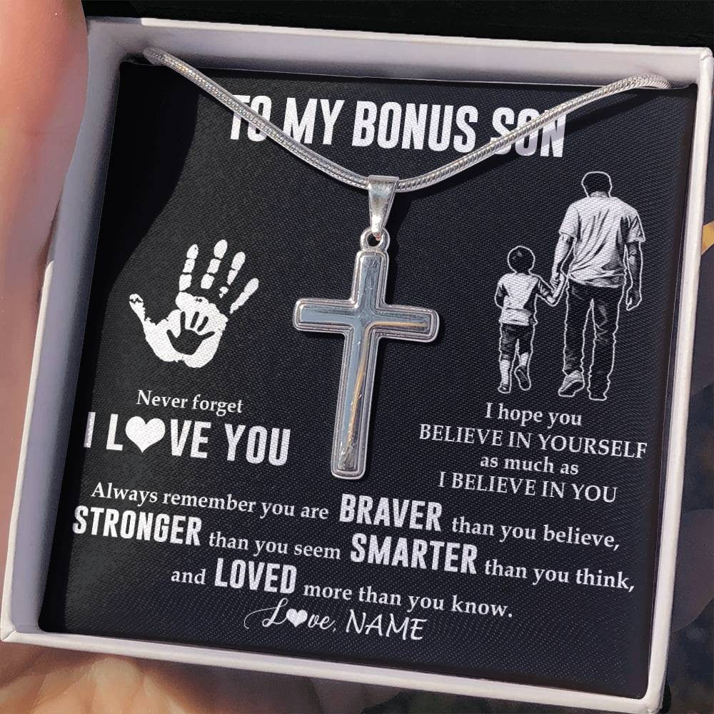 Stainless Cross Necklace Stainless Steel | 2 | Personalized To My Bonus Son Necklace From Stepdad Never Forget I Love You Stepson Birthday Gifts Christmas Graduation Customized Gift Box Message Card | teecentury