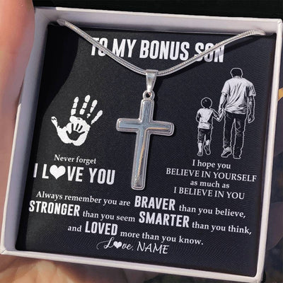 Stainless Cross Necklace Stainless Steel | 2 | Personalized To My Bonus Son Necklace From Stepdad Never Forget I Love You Stepson Birthday Gifts Christmas Graduation Customized Gift Box Message Card | teecentury