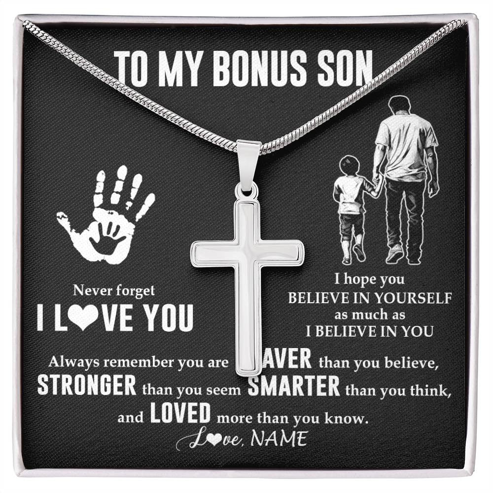 Stainless Cross Necklace Stainless Steel | 1 | Personalized To My Bonus Son Necklace From Stepdad Never Forget I Love You Stepson Birthday Gifts Christmas Graduation Customized Gift Box Message Card | teecentury
