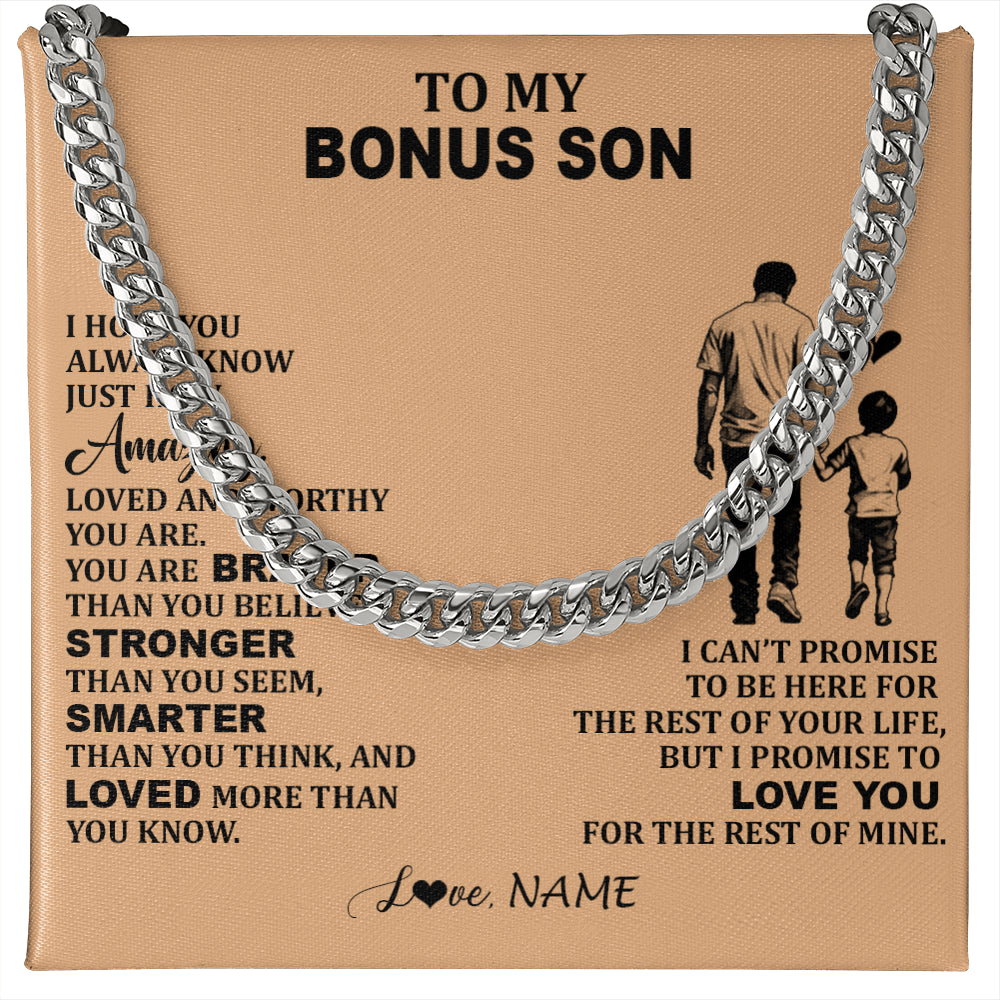 Cuban Link Chain Necklace Stainless Steel | 1 | Personalized To My Bonus Son Necklace From Stepdad Promise To Love You Stepson Birthday Gifts Graduation Jewelry Christmas Customized Gift Box Message Card | teecentury