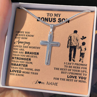 Stainless Cross Necklace Stainless Steel | 2 | Personalized To My Bonus Son Necklace From Stepdad Promise To Love You Stepson Birthday Gifts Graduation Jewelry Christmas Customized Gift Box Message Card | teecentury