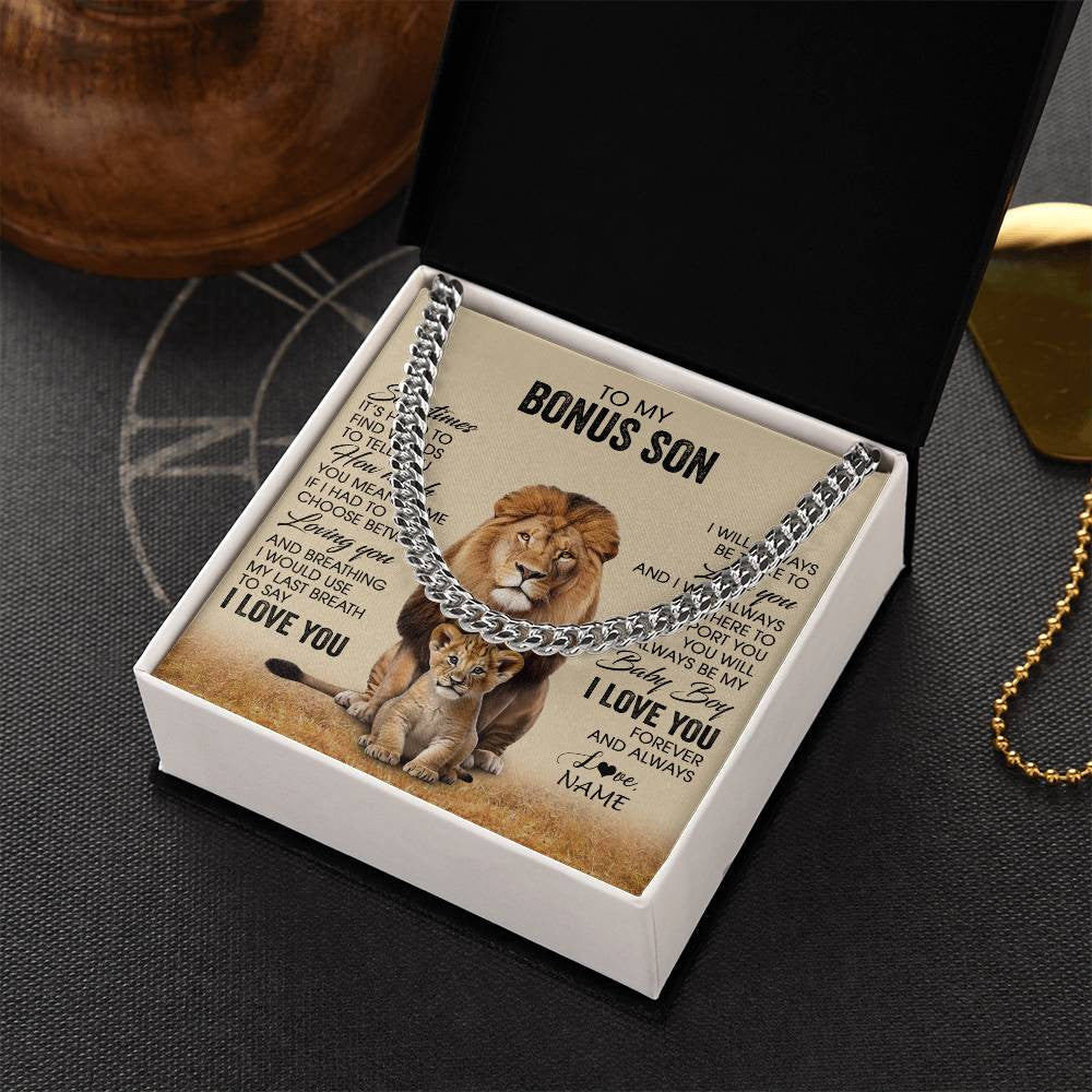Cuban Link Chain Necklace Stainless Steel | 2 | Personalized To My Bonus Son Necklace From Stepdad Sometimes It's Hard Lion Stepson Gift Birthday Graduation Christmas Customized Gift Box Message Card | teecentury