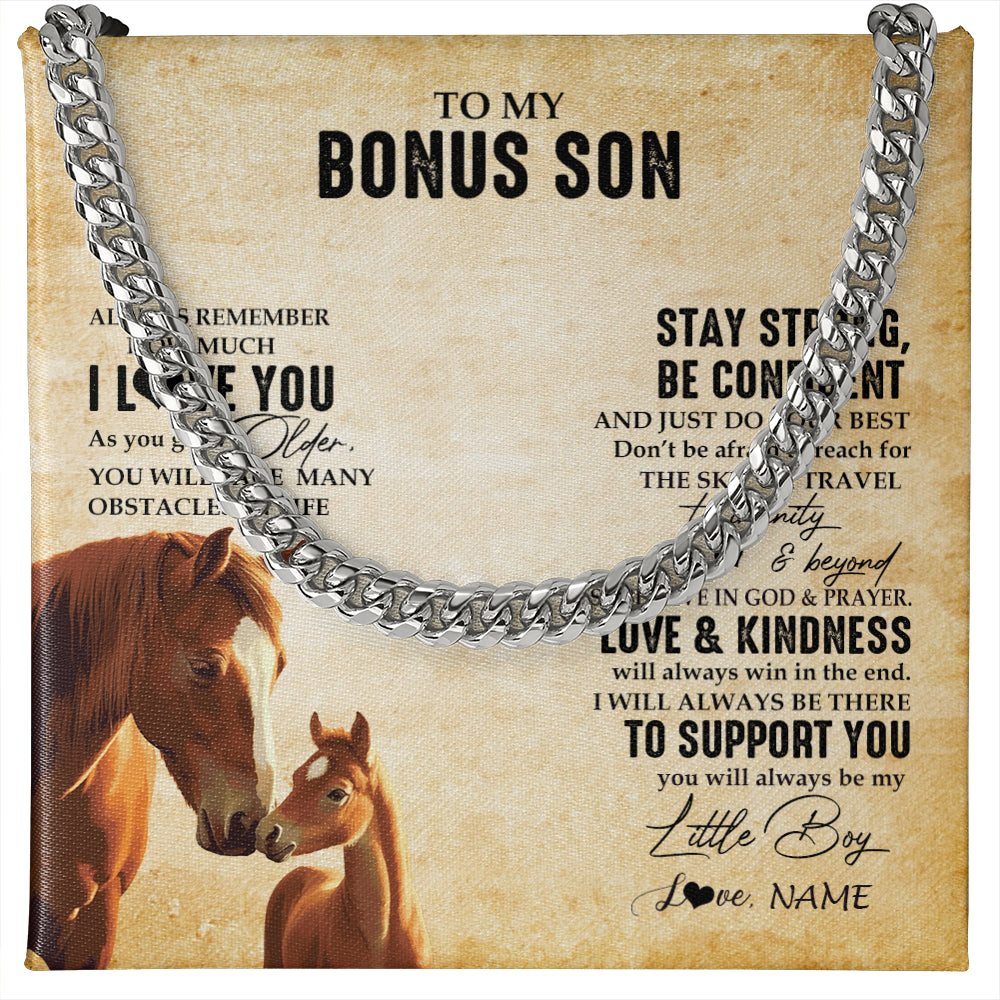 Cuban Link Chain Necklace Stainless Steel | 1 | Personalized To My Bonus Son Necklace From Stepdad Stepmom Always Remember I Love You Horse Stepson Birthday Gifts Christmas Customized Gift Box Message Card | teecentury