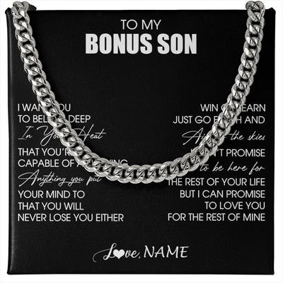 Cuban Link Chain Necklace Stainless Steel | 1 | Personalized To My Bonus Son Necklace From Stepdad Stepmom Believe Deep In Your Heart Birthday Jewelry For Men Christmas Customized Gift Box Message Card | teecentury