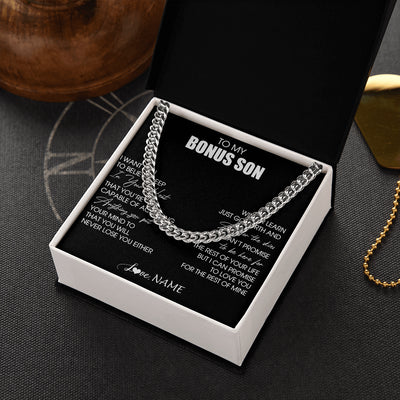 Cuban Link Chain Necklace Stainless Steel | 2 | Personalized To My Bonus Son Necklace From Stepdad Stepmom Believe Deep In Your Heart Birthday Jewelry For Men Christmas Customized Gift Box Message Card | teecentury