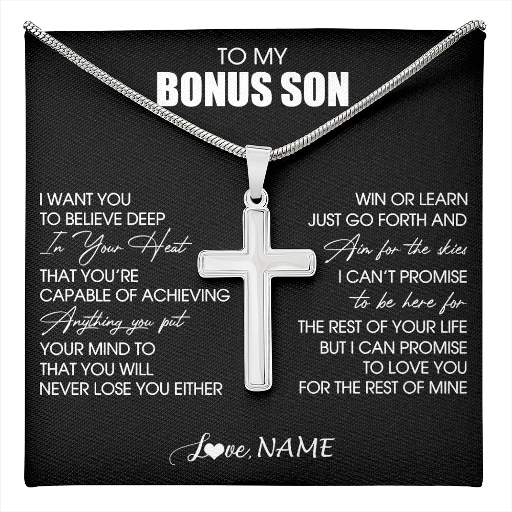 Stainless Cross Necklace Stainless Steel | 1 | Personalized To My Bonus Son Necklace From Stepdad Stepmom Believe Deep In Your Heart Birthday Jewelry For Men Christmas Customized Gift Box Message Card | teecentury
