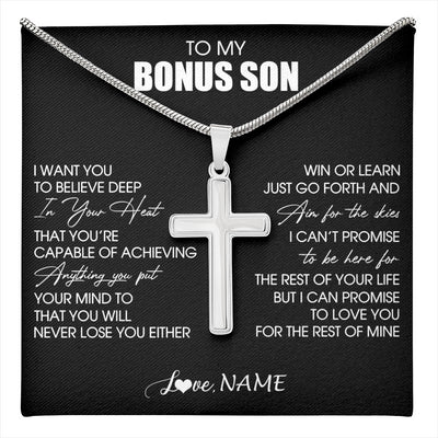 Stainless Cross Necklace Stainless Steel | 1 | Personalized To My Bonus Son Necklace From Stepdad Stepmom Believe Deep In Your Heart Birthday Jewelry For Men Christmas Customized Gift Box Message Card | teecentury