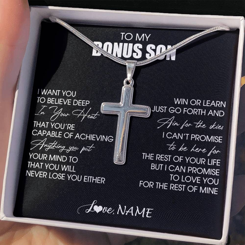 Stainless Cross Necklace Stainless Steel | 2 | Personalized To My Bonus Son Necklace From Stepdad Stepmom Believe Deep In Your Heart Birthday Jewelry For Men Christmas Customized Gift Box Message Card | teecentury