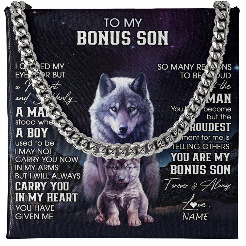 Cuban Link Chain Necklace Stainless Steel | 1 | Personalized To My Bonus Son Necklace From Stepdad Stepmom I Close My Eyes Wolf Stepson Birthday Gifts Graduation Christmas Customized Gift Box Message Card | teecentury