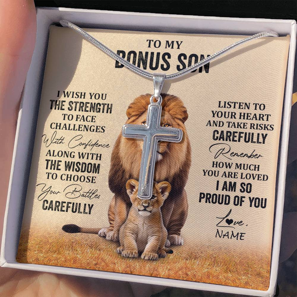 Stainless Cross Necklace Stainless Steel | 2 | Personalized To My Bonus Son Necklace From Stepdad Stepmom I Wish You The Strength Lion Stepson Birthday Graduation Christmas Customized Gift Box Message Card | teecentury