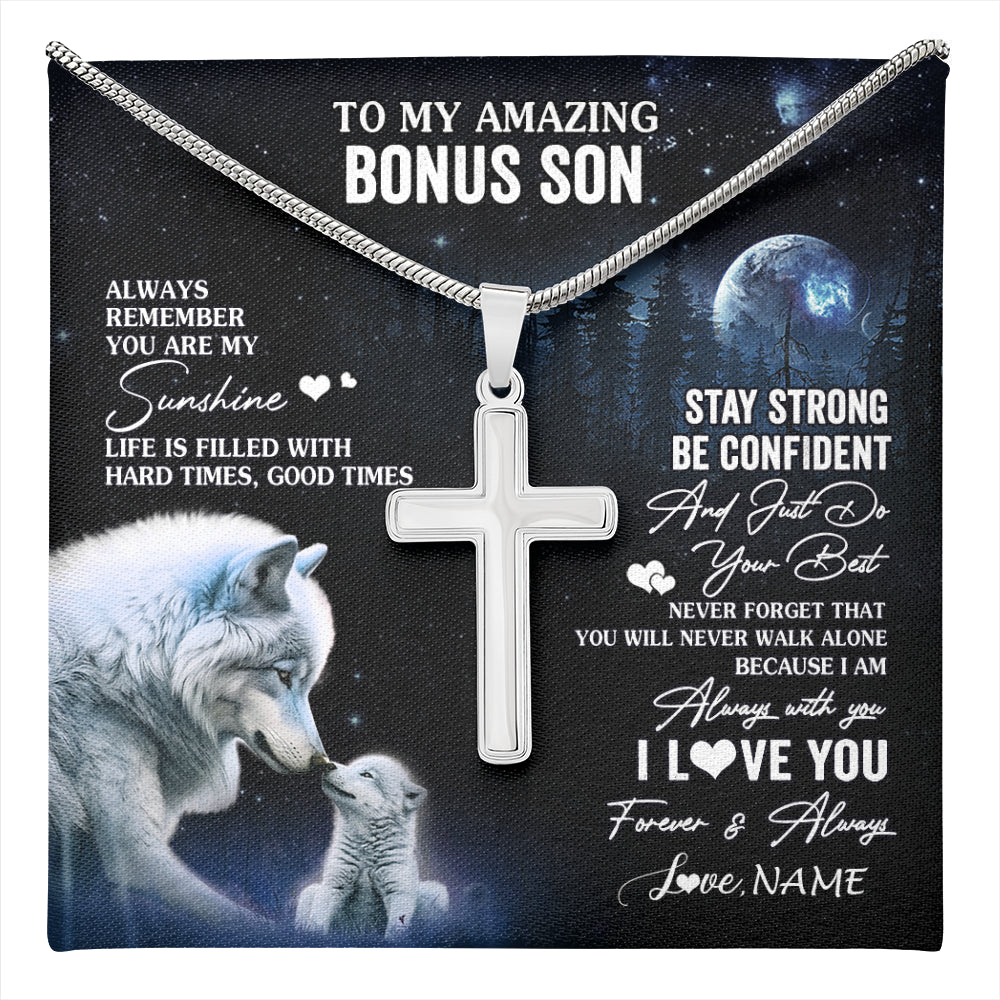 Stainless Cross Necklace Stainless Steel | 1 | Personalized To My Bonus Son Necklace From Stepdad Stepmom Moon Wolf Stepson Birthday Gifts Graduation Christmas Customized Gift Box Message Card | teecentury