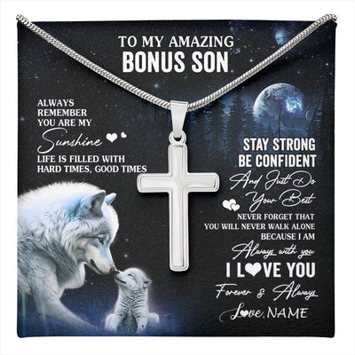 Stainless Cross Necklace Stainless Steel | 1 | Personalized To My Bonus Son Necklace From Stepdad Stepmom Moon Wolf Stepson Birthday Gifts Graduation Christmas Customized Gift Box Message Card | teecentury