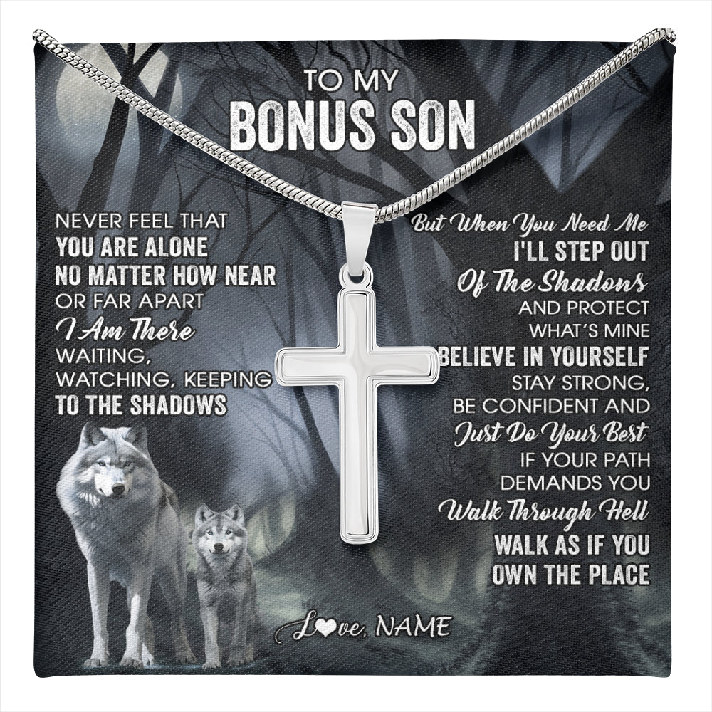Stainless Cross Necklace Stainless Steel | 1 | Personalized To My Bonus Son Necklace From Stepdad Stepmom Never Feel That You Are Alone Wolf Birthday Graduation Christmas Customized Gift Box Message Card | teecentury