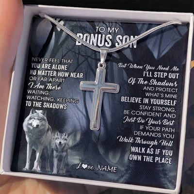 Stainless Cross Necklace Stainless Steel | 2 | Personalized To My Bonus Son Necklace From Stepdad Stepmom Never Feel That You Are Alone Wolf Birthday Graduation Christmas Customized Gift Box Message Card | teecentury