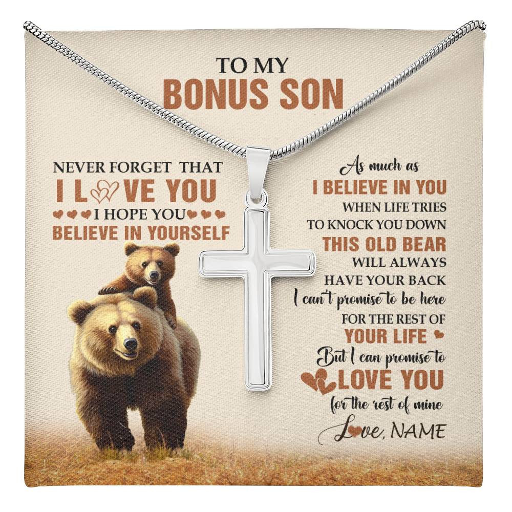 Stainless Cross Necklace Stainless Steel | 1 | Personalized To My Bonus Son Necklace From Stepdad Stepmom This Old Bear Love You Stepson Birthday Gifts Graduation Christmas Customized Gift Box Message Card | teecentury