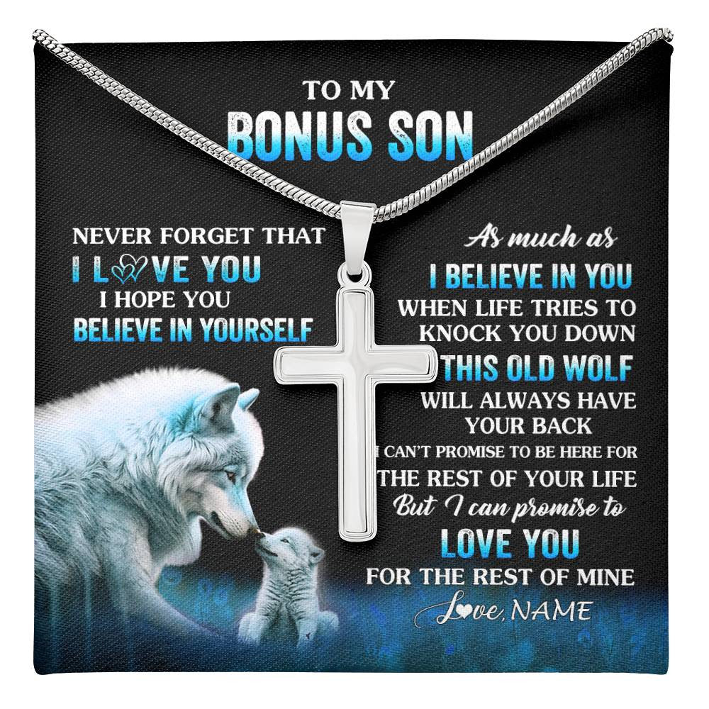 Stainless Cross Necklace Stainless Steel | 1 | Personalized To My Bonus Son Necklace From Stepdad Stepmom This Old Wolf Love Stepson Birthday Gifts Graduation Christmas Customized Gift Box Message Card | teecentury