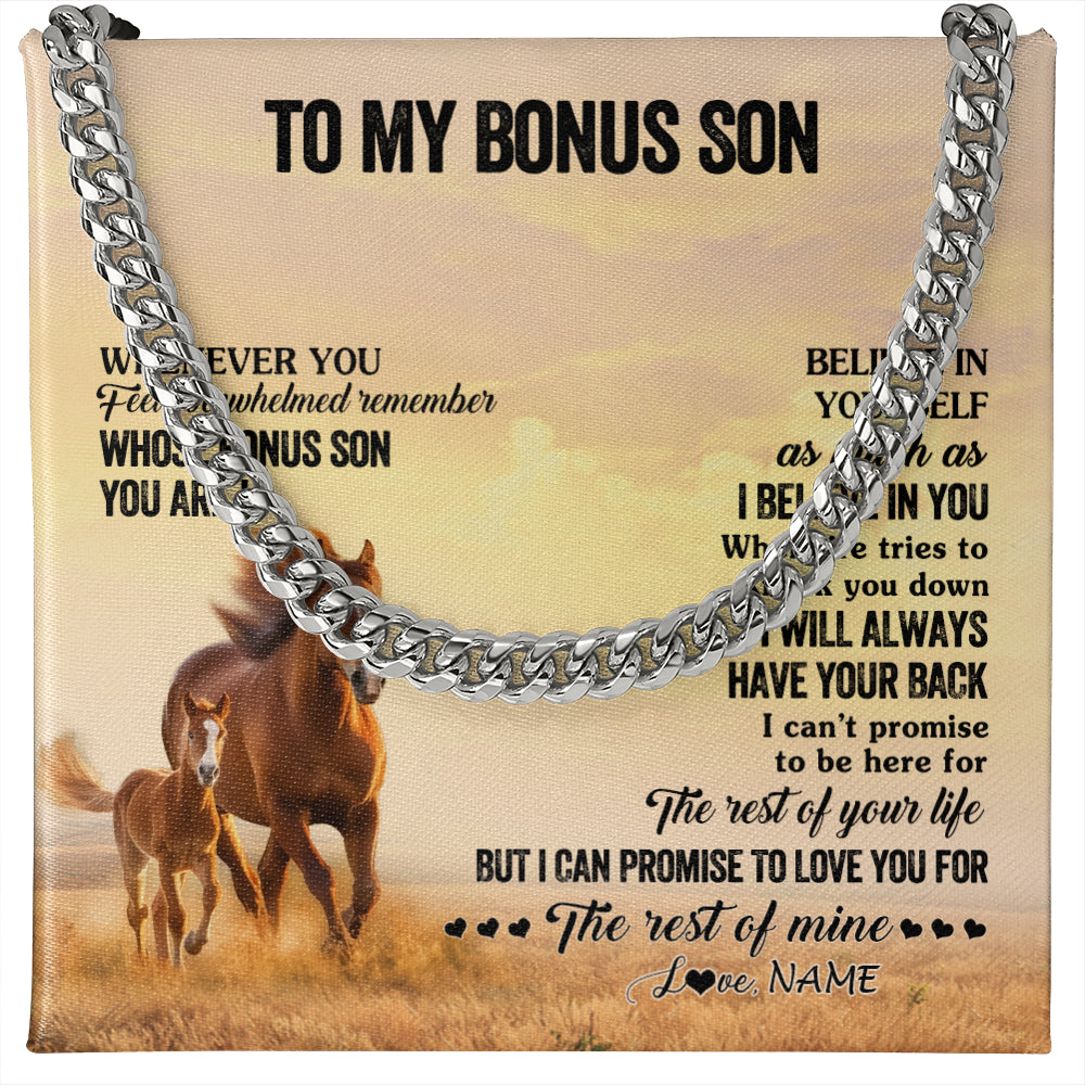 Cuban Link Chain Necklace Stainless Steel | 1 | Personalized To My Bonus Son Necklace From Stepdad Stepmom Whenever You Feel Horse Stepson Birthday Graduation Christmas Customized Gift Box Message Card | teecentury