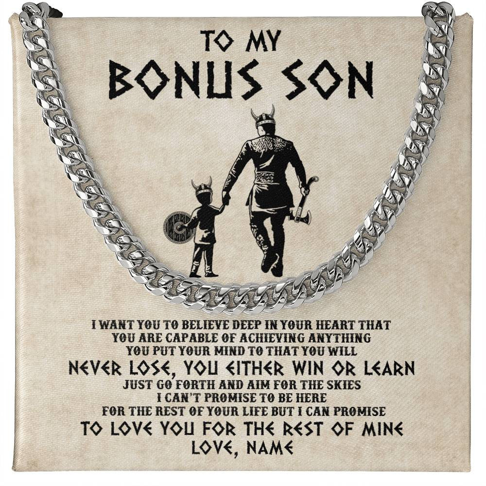 Cuban Link Chain Necklace Stainless Steel | 1 | Personalized To My Bonus Son Necklace From Stepdad You Will Never Lose Viking Stepson Birthday Graduation Christmas Customized Gift Box Message Card | teecentury