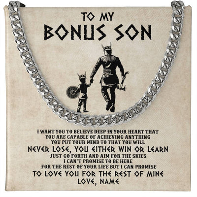Cuban Link Chain Necklace Stainless Steel | 1 | Personalized To My Bonus Son Necklace From Stepdad You Will Never Lose Viking Stepson Birthday Graduation Christmas Customized Gift Box Message Card | teecentury