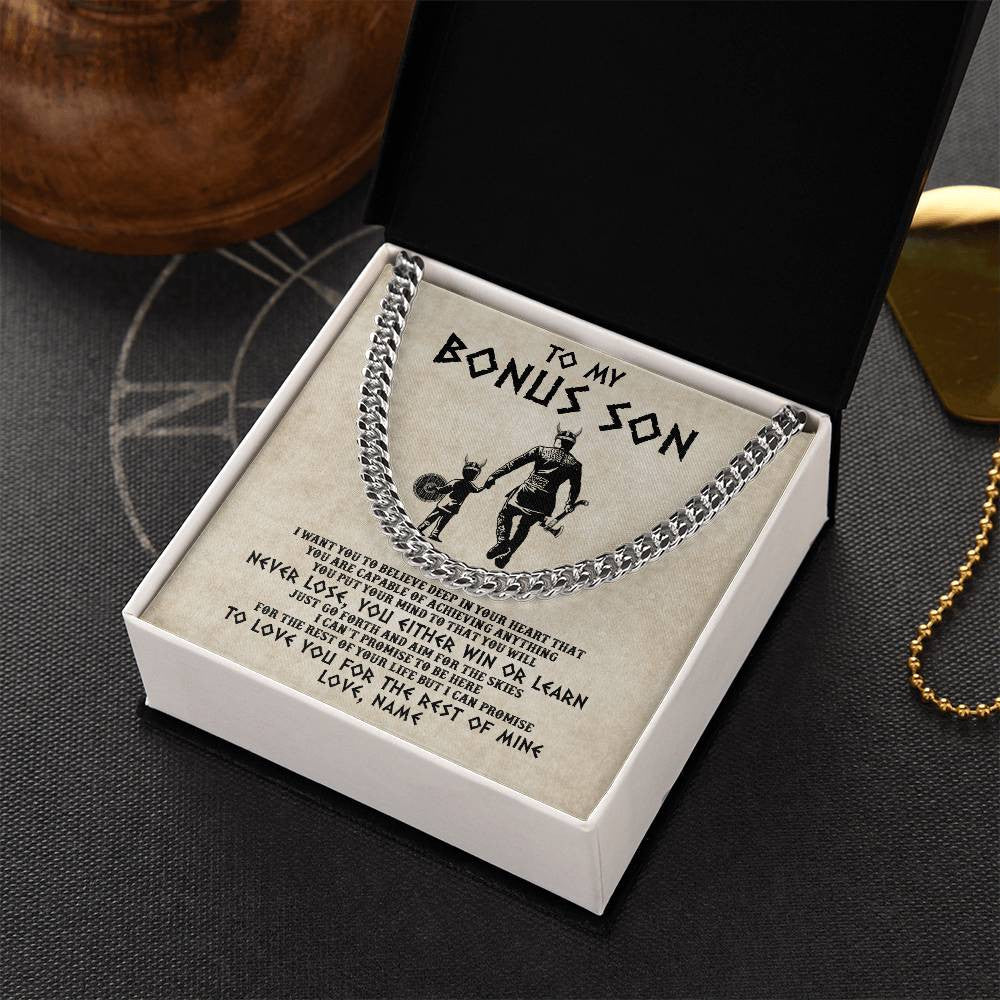 Cuban Link Chain Necklace Stainless Steel | 2 | Personalized To My Bonus Son Necklace From Stepdad You Will Never Lose Viking Stepson Birthday Graduation Christmas Customized Gift Box Message Card | teecentury