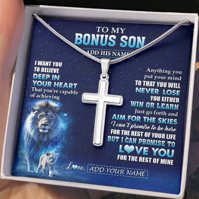 Stainless Cross Necklace Stainless Steel | 2 | Personalized To My Bonus Son Necklace From Stepfather Believe Your Heart Stepson Gift Birthday Graduation Christmas Customized Gift Box Message Card | teecentury.myshopify
