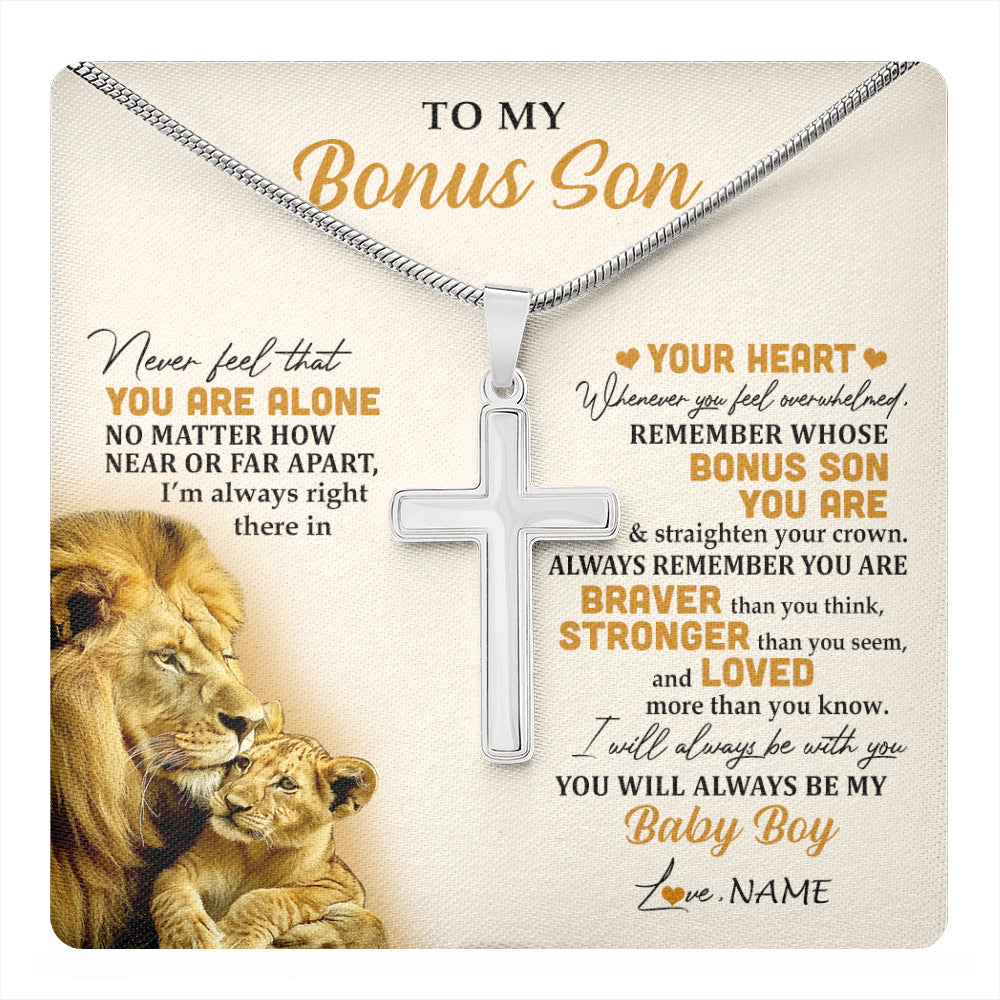Stainless Cross Necklace Stainless Steel | 1 | Personalized To My Bonus Son Necklace From Stepfather Lion Never Feel That You Are Alone Great Stepson Birthday Christmas Customized Gift Box Message Card | teecentury